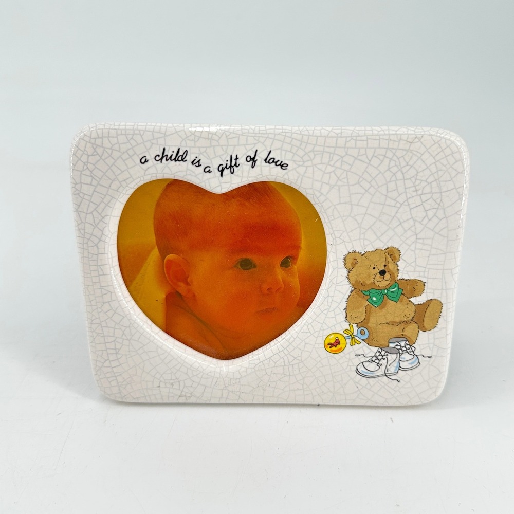 Vintage Russ Berrie Ceramic Heart Photo Frame Teddy Bear Baby Nursery